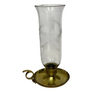 Vintage Brass Candleholder With Finger Loop and Etched Hurricane Globe For Sale