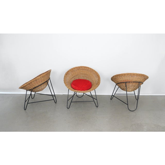 Mid-Century Modern Round Wicker Armchair with Black Loop Frame and Red Cushion, Germany, 1950s For Sale - Image 3 of 18