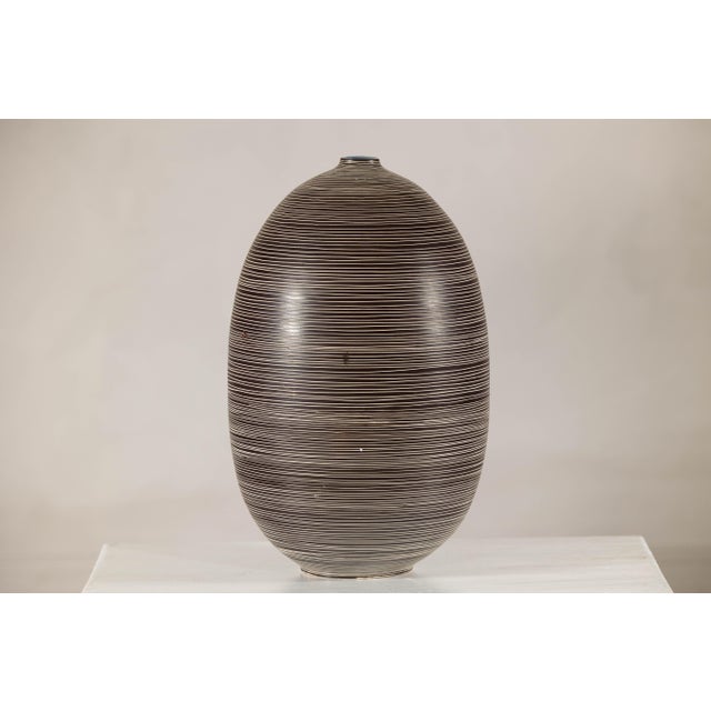 Large Artisan Ceramic Vase with Fine Linear Decoration in Brown and Cream For Sale - Image 13 of 16