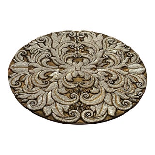 Oversized Baroque Filigree Round Carved Medallion Wall Plaque With Metallic Micro-Beading For Sale