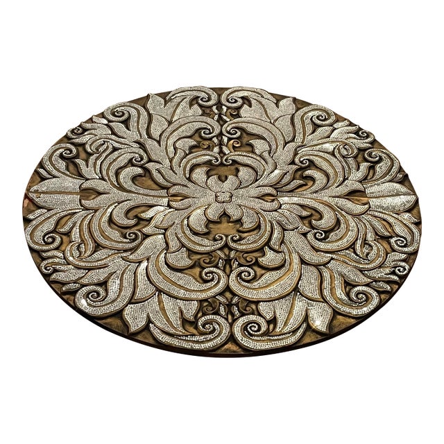 Oversized Baroque Filigree Round Carved Medallion Wall Plaque With Metallic Micro-Beading For Sale
