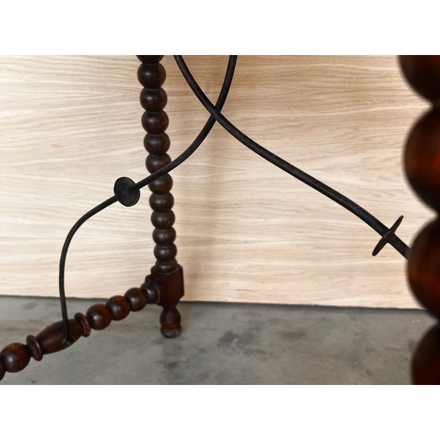 19th Spanish Side Table With Cared Turned Legs and Iron Stretcher For Sale - Image 9 of 11
