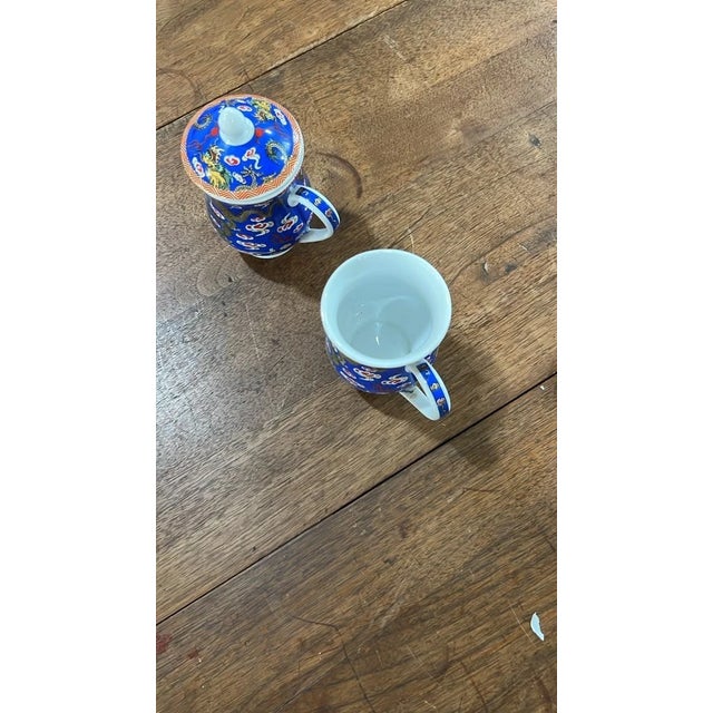 Chinese Vintage Chinese Blue Porcelain Lidded Dragon Tea Cups - a Pair For Sale - Image 3 of 5