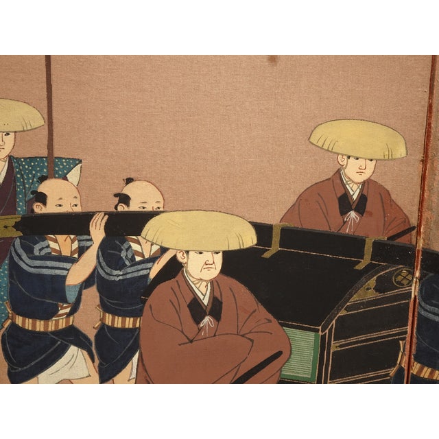 Vintage Japanese Byobu Four Panel Folding Screen Picture Caravan of Men Signed For Sale - Image 15 of 18