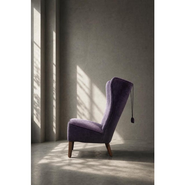 Vintage Scandinavian Modern Oak and Purple Fabric High Back Wing Chair, 1950s For Sale - Image 13 of 18