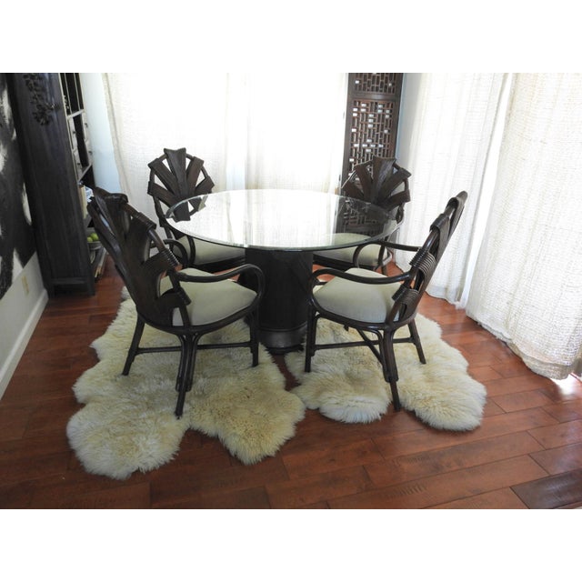 1990s Vintage Philippine Rattan & Glass 5-Piece Dining Set With Sculptural Palm Frond Details For Sale - Image 5 of 15