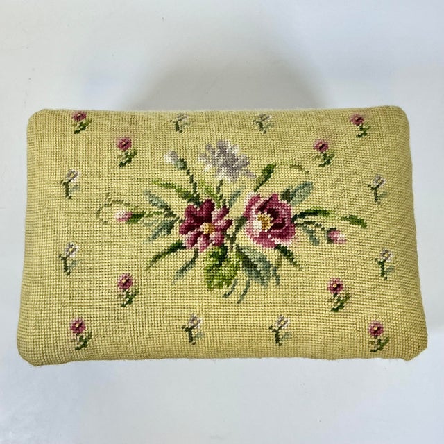 1960s 1960s Vintage Americana Arts & Crafts Folk Art Needlepoint Footstool For Sale - Image 5 of 17
