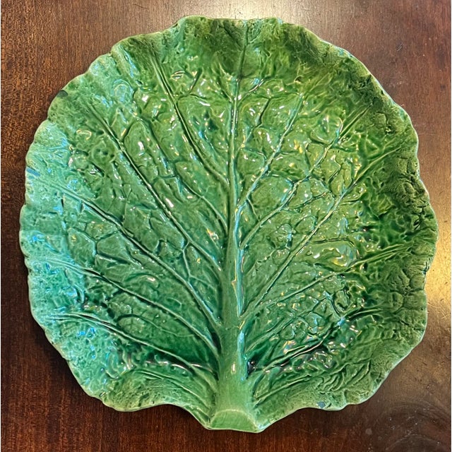 Ceramic Antique Portuguese Majolica Pottery Green Cabbage or Lettuce Leaf Serving Dish For Sale - Image 7 of 14