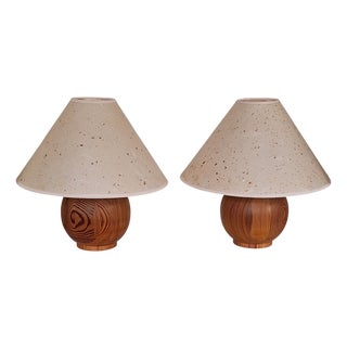 Vintage Table Lamps with Round Pine Base, 1970s, Set of 2 For Sale