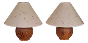 Vintage Table Lamps with Round Pine Base, 1970s, Set of 2