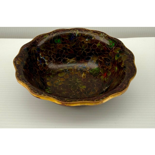 Japanese Cloisonné Enamel Bowl, Showa Period, Hand-Wired Floral Interior 5” Diameter For Sale - Image 9 of 11