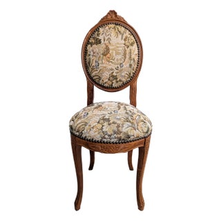 Vintage Carved Walnut Balloon Chair Early Louis XV Style Tapestry For Sale