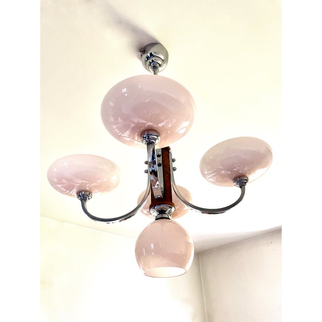 Art Deco Chandelier in Pink Glass, Wood and Chrome, 1930 For Sale - Image 11 of 13