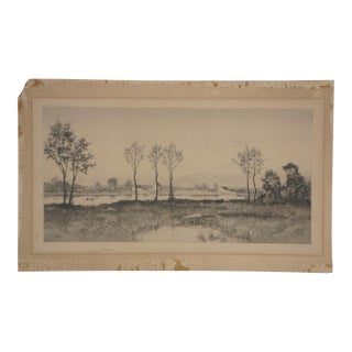 Antique George William Bohde Signed Country Farm Lake Landscape Etching 23" For Sale