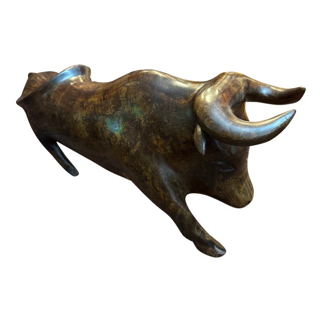 Mid Century Hand Carved Burl Wood Bull For Sale