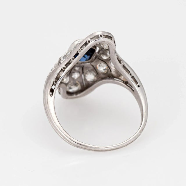 Early 20th Century Antique Edwardian Sapphire Diamond Ring Vintage Platinum Long Plaque Jewellery size 5.5 For Sale - Image 5 of 6