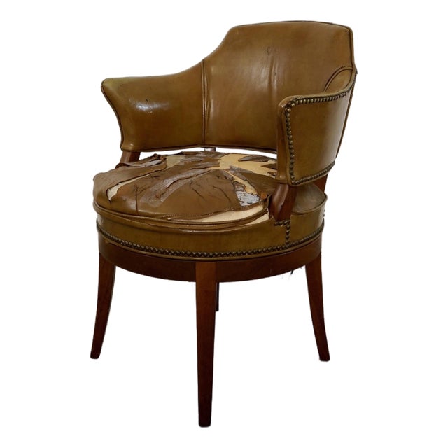 1960’s Mid-Century Modern Leather & Walnut Swivel Armchair For Sale