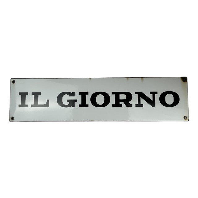 Vintage Italian Black & White Enamel Il Giorno Newspaper Sign, 1950s For Sale