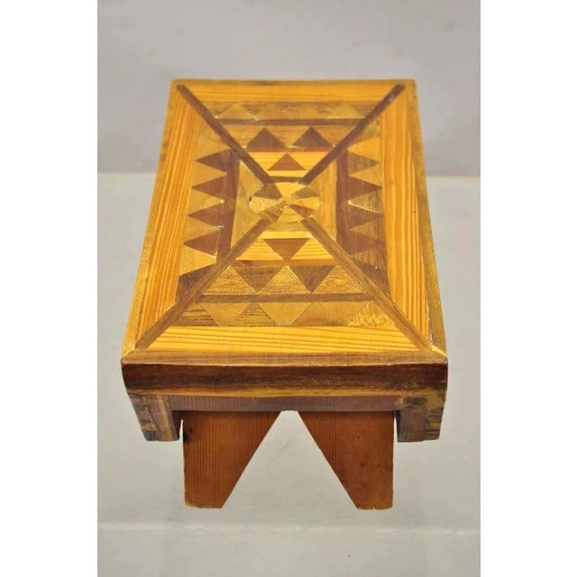Wood Vintage Folk Art Marquetry Inlay Small Wooden Primitive Footstool Ottoman Stool For Sale - Image 7 of 11