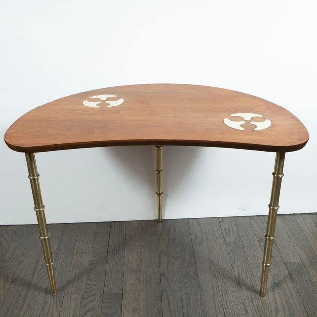 Brass Mid-Century Organic Inlaid Brass & Walnut Bowfront Side/End Table by Mastercraft For Sale - Image 8 of 10