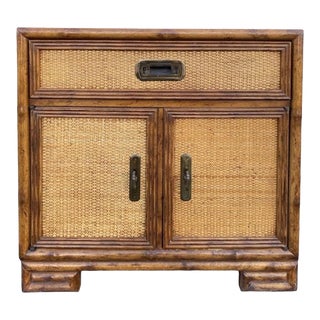 Vintage Hollywood Regency Nightstand Drexel Captiva with Faux Bamboo Wood, Wicker Rattan, Chinoiserie Brass & Greek Key Style For Sale