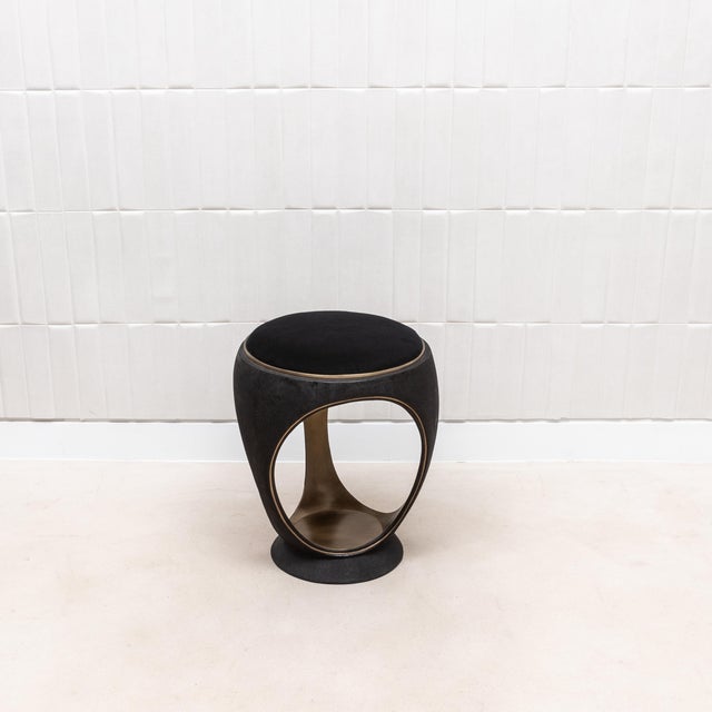Velvet Upholstered Stool With Black Shagreen and Bronze Patina Brass by R&y Augousti For Sale In Los Angeles - Image 6 of 7
