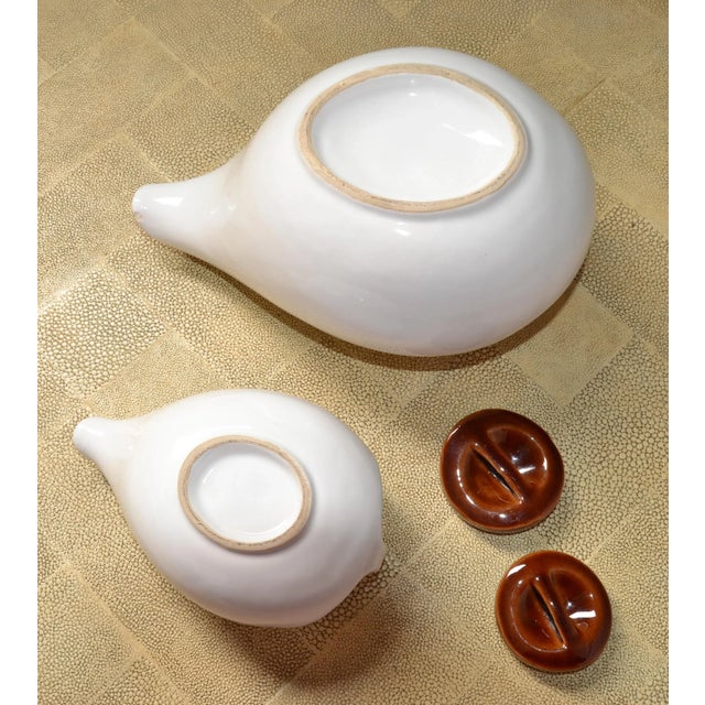 1980s Arts and Crafts White Brown Ceramic Tea Pots- Set of 2 For Sale - Image 10 of 12