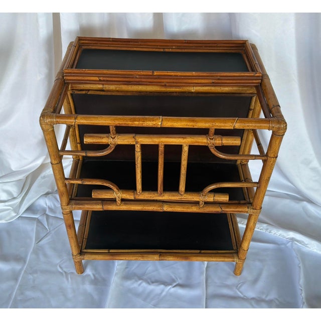 Mid-Century Modern Vintage Faux Bamboo Bar Cart/Magazine Rack With Ebonized Wood Shelves For Sale - Image 3 of 13