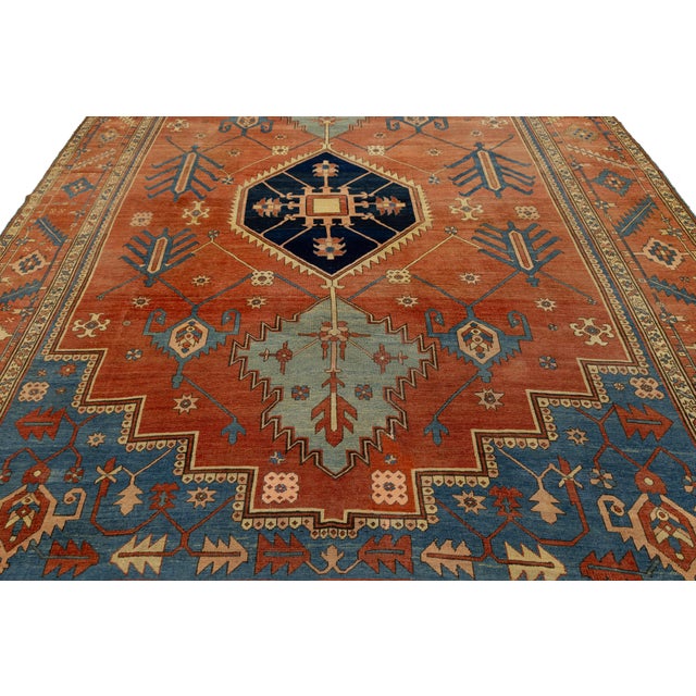 19th Century Antique Serapi Rug With Terracotta & Indigo Medallion For Sale - Image 12 of 12