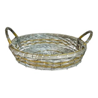 Vintage Woven Silver and Brass French Provincial Style Market Basket For Sale