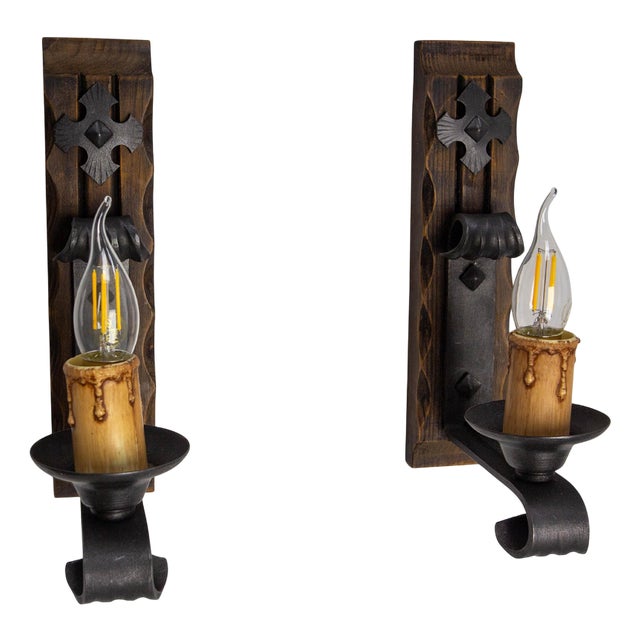 Spanish French Pine & Wrought Iron Wall Lights, 1960s, Set of 2 For Sale