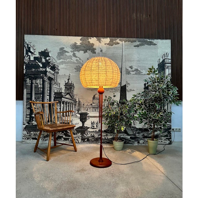 Large Height-Adjustable Teak Floor Lamp with Brass Details and Wool Lampshade from Temde Leuchten, 1960s For Sale - Image 13 of 18