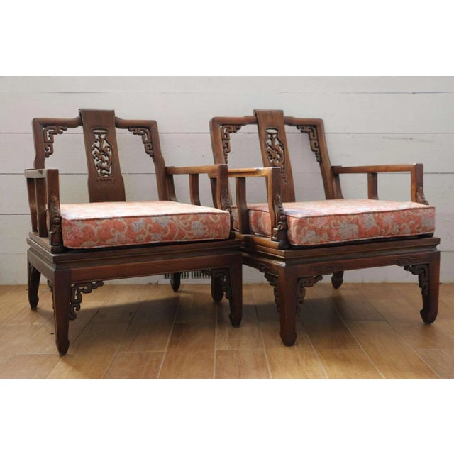 Chinoiserie 1960s Vintage Asian Rosewood Low Arm Chairs, a Pair For Sale - Image 3 of 5