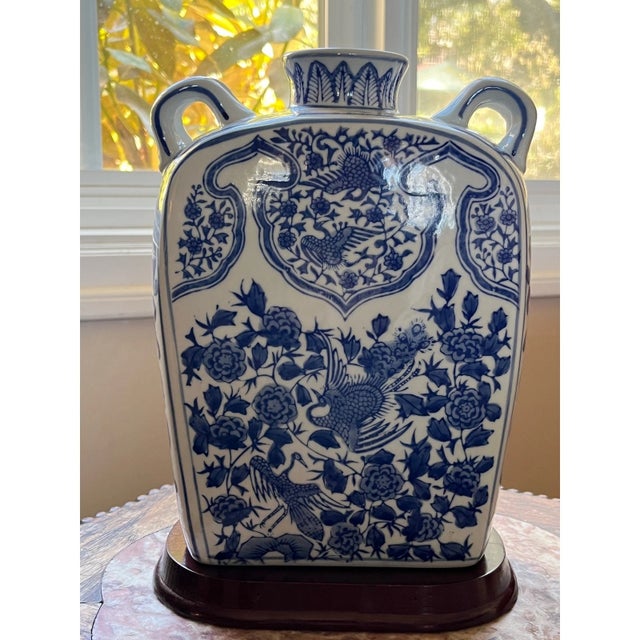 Ceramic Mid 20th Century Large 10.5" Chinese Blue & White Moon Flask Vase & Stand - Phoenix & Peony Decor For Sale - Image 7 of 11