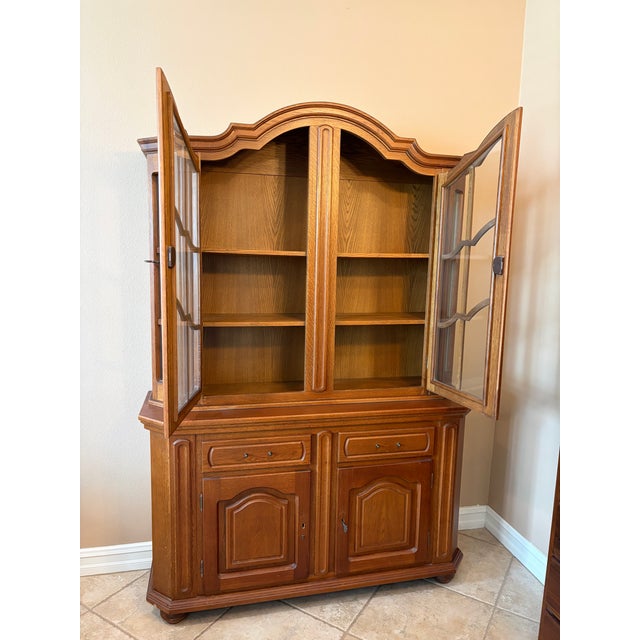 1980 vintage Oak China Cabinet display and storage, W 53 in, H 78 1/2 in, D 13 in. Three shelves for Top Display, two tier...