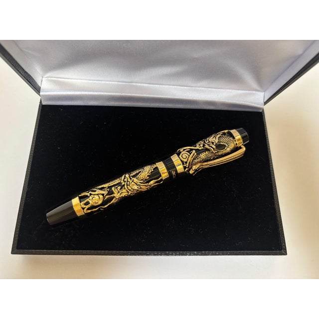 Late 20th Century Dragon Motif Fountain Pen, Gold Overlay on Black, Acura, Mint in Box Circa 1990 For Sale - Image 5 of 18