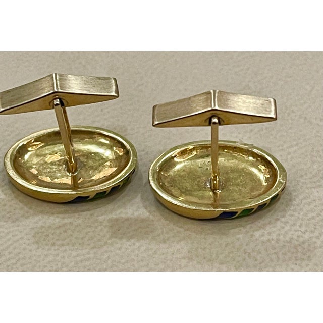 Blue Green Enamel Oval Cufflinks in 14 Karat Yellow Gold 15.5 Gm, Men's For Sale In New York - Image 6 of 8