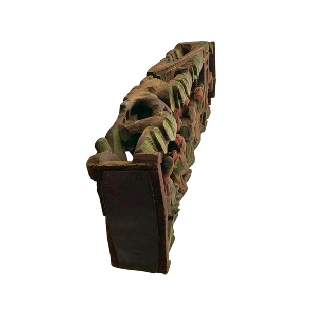 Wood Late 20th Century Hand Carved Relief Wood Panel Temple Scene Old Vintage Folk Art Oriental Decor For Sale - Image 7 of 9