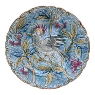 Majolica Bird With Cherries Plate Wasmuel, Circa 1890 For Sale