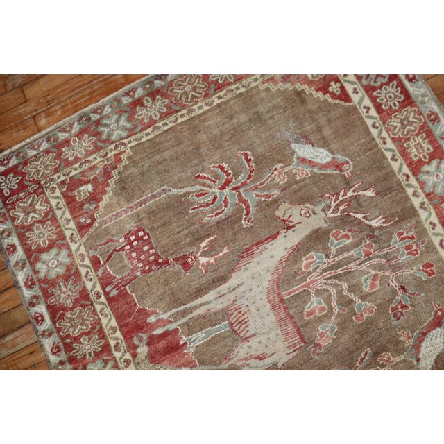 Textile Vintage Zabihi Collection Pictorial Turkish Deer Bird Square Rug - 4'6" x 4'8" For Sale - Image 7 of 7