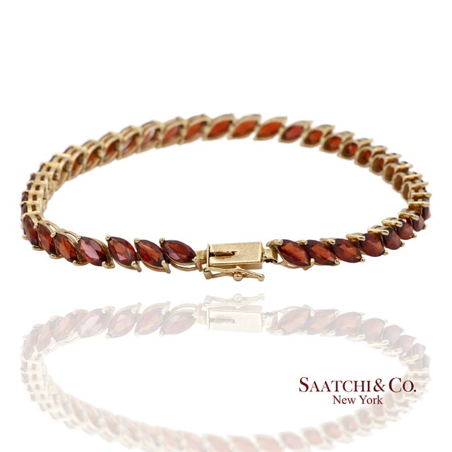 Vintage 14k 585 Solid Yellow Gold Red Garnet Marquise Cut Tennis Bracelet For Sale - Image 4 of 13