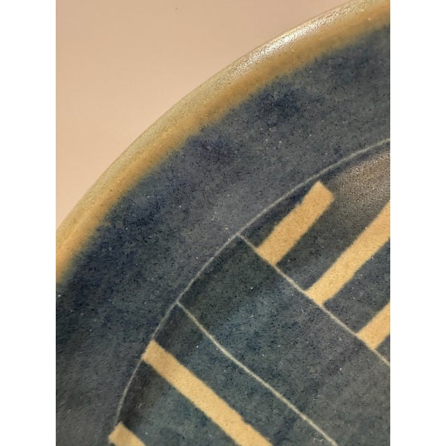 Mid-Century Modern Vintage Studio Art Pottery Blue Geometric Striped Stoneware Platter 12" Signed For Sale - Image 3 of 8