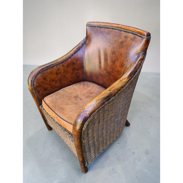 Safari Style Leather Club Chair with Wooden Frame and Woven Sides, 1970s For Sale - Image 4 of 11