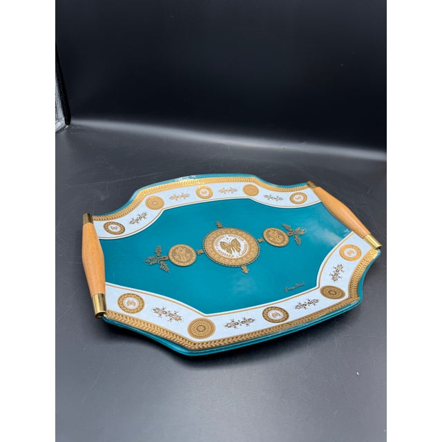 Beautiful vintage Georges Briard serving tray featuring a striking teal, white, and gold design with an ornate butterfly...