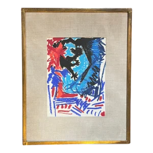 Mid-Century Modern American Abstract Pastel Drawing With Linen Mat in Gilt Wood Frame