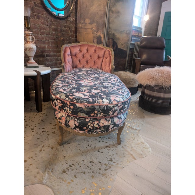 Vintage French chaise frame, newly re-upholstered In Kravet blush Venetian velvet and Greenhouse floral velvet print. Hand...