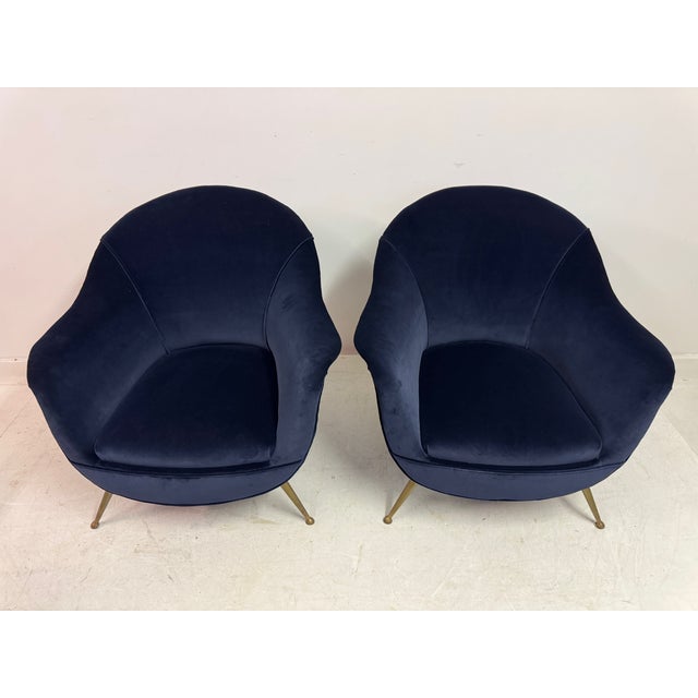 Mid-Century Italian Lounge Chairs in Navy Romo Cotton Velvet, 1960s, Set of 2 For Sale - Image 4 of 18