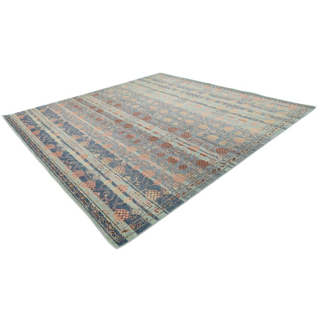 Modern Khotan Style Hand-Knotted Wool Area Rug Teal, Rust & Ochre Vintage Motif For Sale In New York - Image 6 of 9