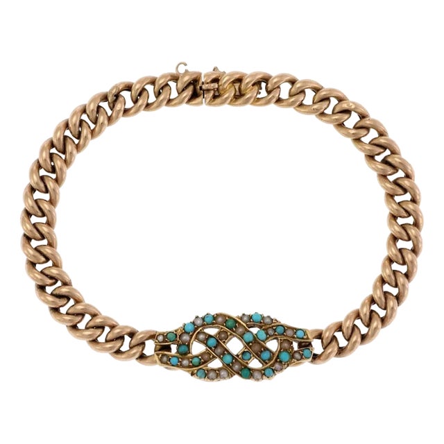 Victorian Turquoise Seed Pearls 15k Rose Gold Knot Charm Bracelet For Sale