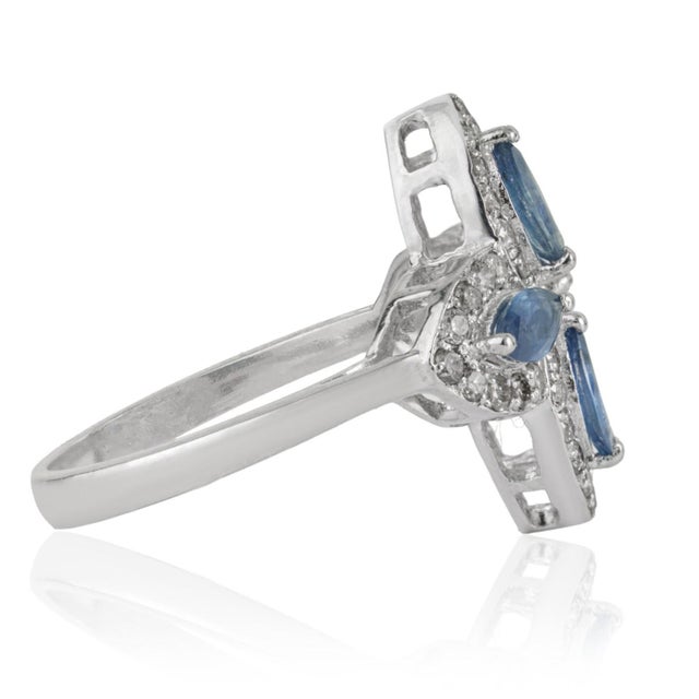 Metal Antique Edwardian Style Blue Sapphire & Diamond Halo Ring in Sterling Silver, Size 7 For Sale - Image 7 of 13